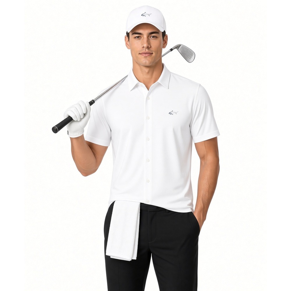 Greg Norman Mens Play Dry Button Front Polo Shirt White M Embroidery Pique UPF